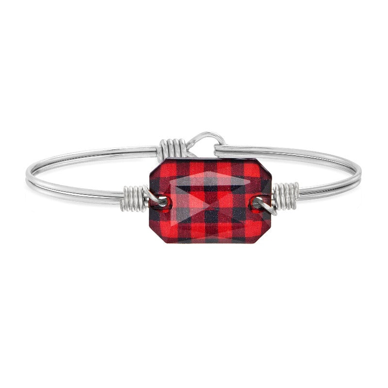 Dylan Bangle Bracelet in Red Plaid choose finish:Silver Tone