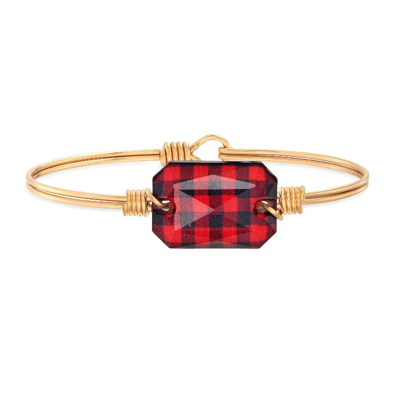 Dylan Bangle Bracelet in Red Plaid choose finish:Brass Tone