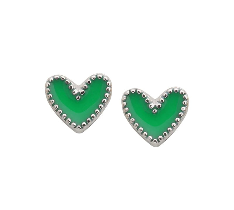 Heart Stud Earrings In Green choose finish:silver plated
