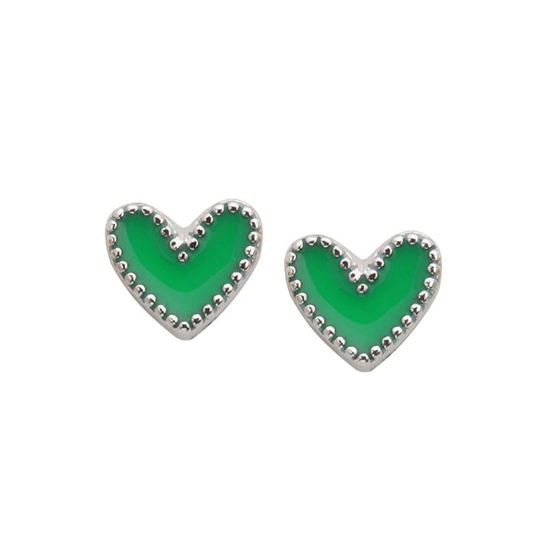 Heart Stud Earrings In Green choose finish:silver plated