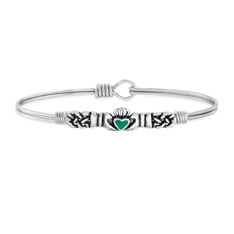 Green Claddagh Bangle Bracelet choose finish:Silver Tone
