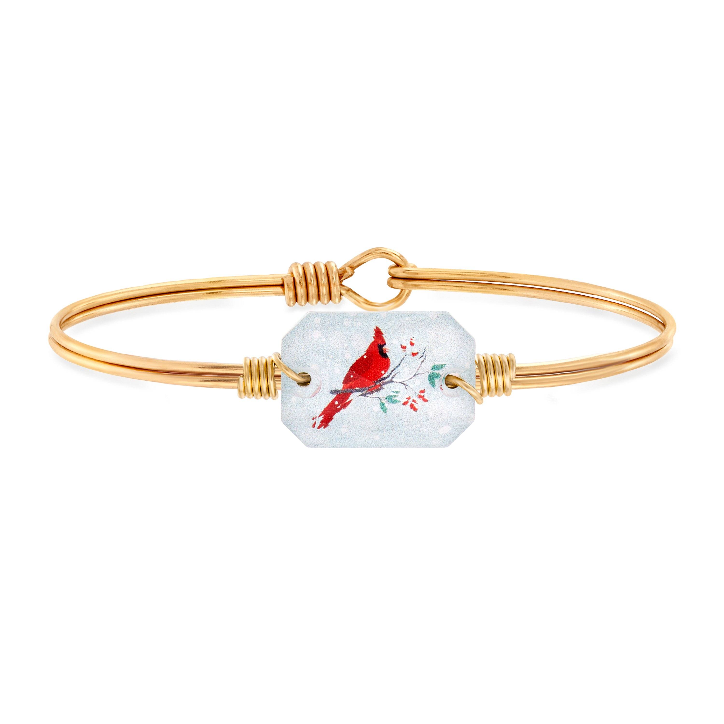 Red Cardinal Crystal Dylan Bangle Bracelet choose finish:Brass Tone