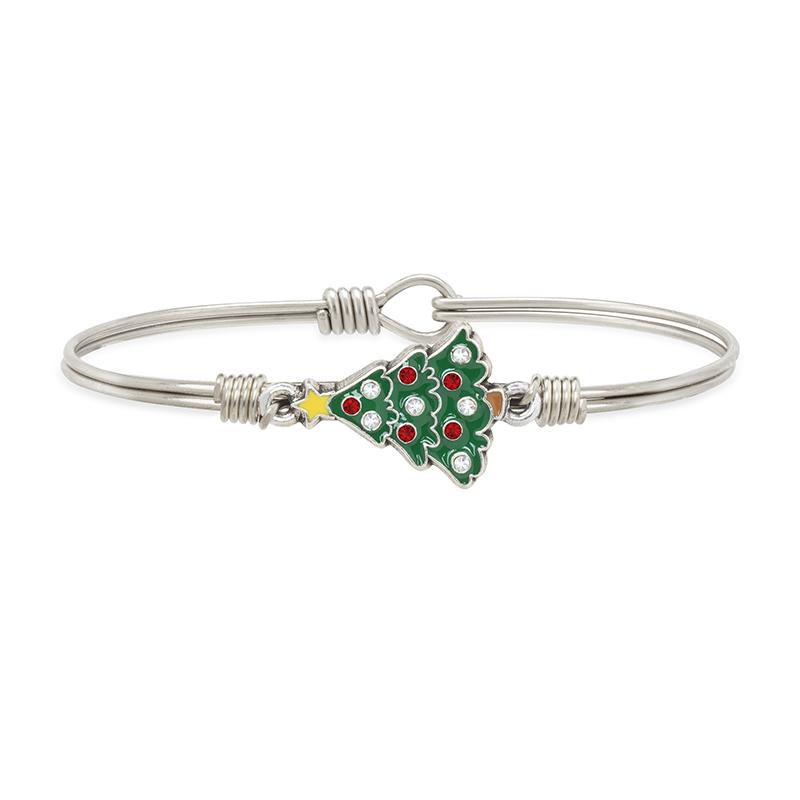 Crystal Holiday Tree Bangle Bracelet choose finish:Silver Tone
