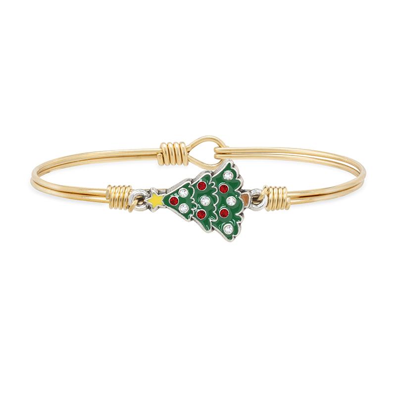 Crystal Holiday Tree Bangle Bracelet choose finish:Brass Tone